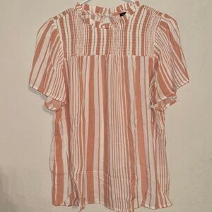 Staccato coral striped shirt, flutter sleeves and smocked neck with ruffles
